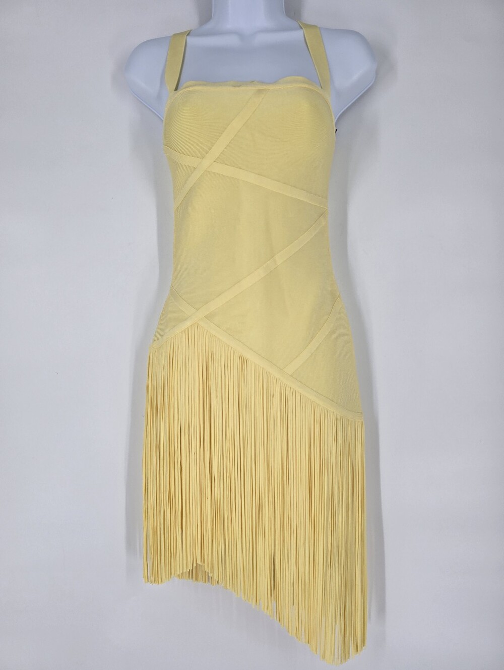 Herve Leger The Josephine Dress Mini Fringe Halter in Polenta Yellow Size XS NEW